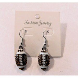 Football Pierced Earrings Fish Hook Brown Crystals Bling Silver Tone Novelty